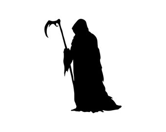 May include: A black silhouette of the Grim Reaper, a hooded figure holding a scythe. The figure is standing, with the scythe held upright. The image is a simple, stark design, perfect for Halloween or gothic-themed products.