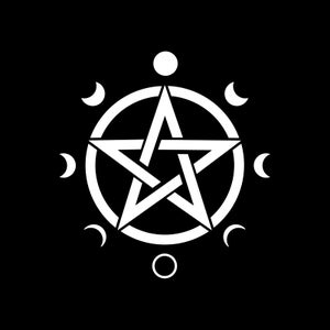 May include: White pentagram symbol within a circle, surrounded by crescent moons and circles, set against a black background. The design is a simple, graphic representation of a pentacle, often associated with Wicca and paganism.