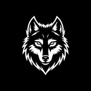 Könnte beinhalten: Eine detaillierte, weiße Wolfskopf-Illustration vor schwarzem Hintergrund. Das Gesicht des Wolfes ist symmetrisch gestaltet, mit scharfen Merkmalen und einem fokussierten Blick. Das Fell ist mit strukturierten Linien dargestellt, was einen starken Kontrast erzeugt.