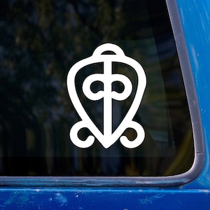May include: White vinyl sticker of the Adinkra symbol Sankofa, which represents the importance of learning from the past. The symbol is a heart shape with a bird inside, facing backwards, with its head turned to look forward.