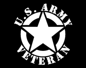 May include: A black and white graphic design of a star inside a circle with the text "U.S. ARMY VETERAN" around it.