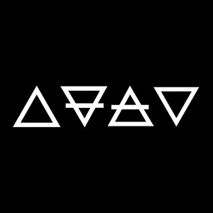 May include: Four white triangle symbols on a black background. The symbols are arranged in a row from left to right. The first symbol is a simple triangle, the second symbol is a triangle with a horizontal line through it, the third symbol is a triangle with a horizontal line through it and a vertical line through the center, and the fourth symbol is a simple triangle.