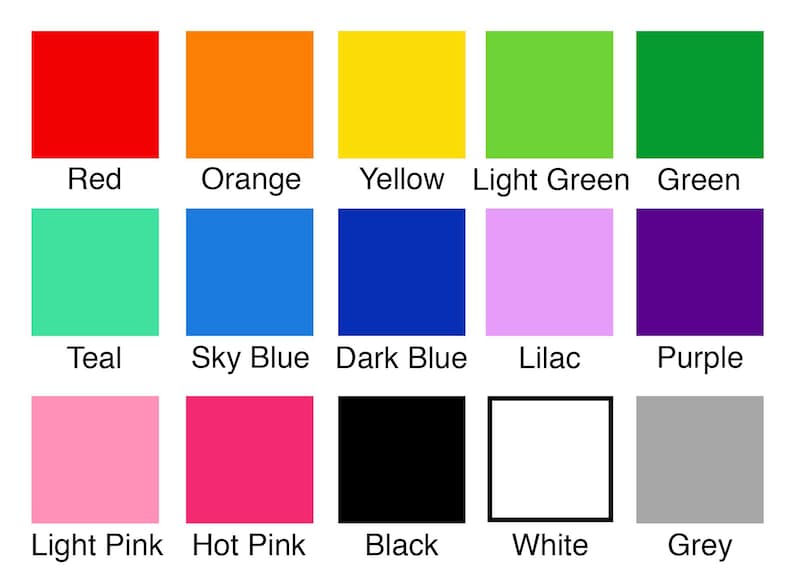 May include: A color chart featuring 15 squares, each in a different color. The colors include red, orange, yellow, light green, green, teal, sky blue, dark blue, lilac, purple, light pink, hot pink, black, white, and grey. Each square is labeled with its corresponding color name.