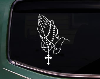 Calcomanía de rosario con manos en oración - Vinilo de oración religiosa