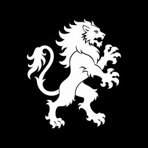 May include: A white heraldic lion in a standing pose against a black background. The lion has a detailed mane, a long tail, and is depicted with its claws extended. The image is a simple, bold design.