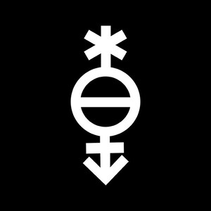 Puede incluir: Un símbolo blanco de género neutro con un círculo y una línea horizontal en el centro, una cruz en la parte superior y una flecha apuntando hacia abajo en la parte inferior.
