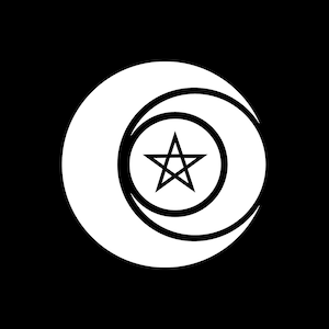 May include: A black and white graphic featuring a crescent moon shape surrounding a circle with a five-pointed star inside. The design is simple and symmetrical, with a minimalist aesthetic.