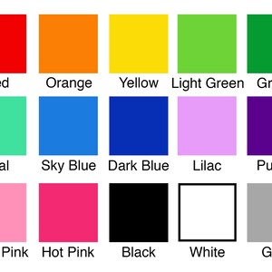 May include: A color chart with 15 different colored squares. The colors are red, orange, yellow, light green, green, teal, sky blue, dark blue, lilac, purple, light pink, hot pink, black, white, and grey.
