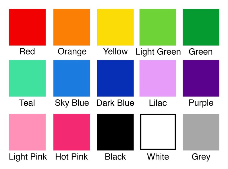 May include: A color chart with 15 different colored squares. The colors are red, orange, yellow, light green, green, teal, sky blue, dark blue, lilac, purple, light pink, hot pink, black, white, and grey.