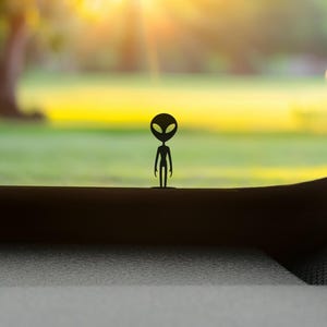 May include: A black silhouette of an alien figure with a large head and slender body. The alien stands against a blurred background of green grass and a bright yellow sky, suggesting an outdoor setting.