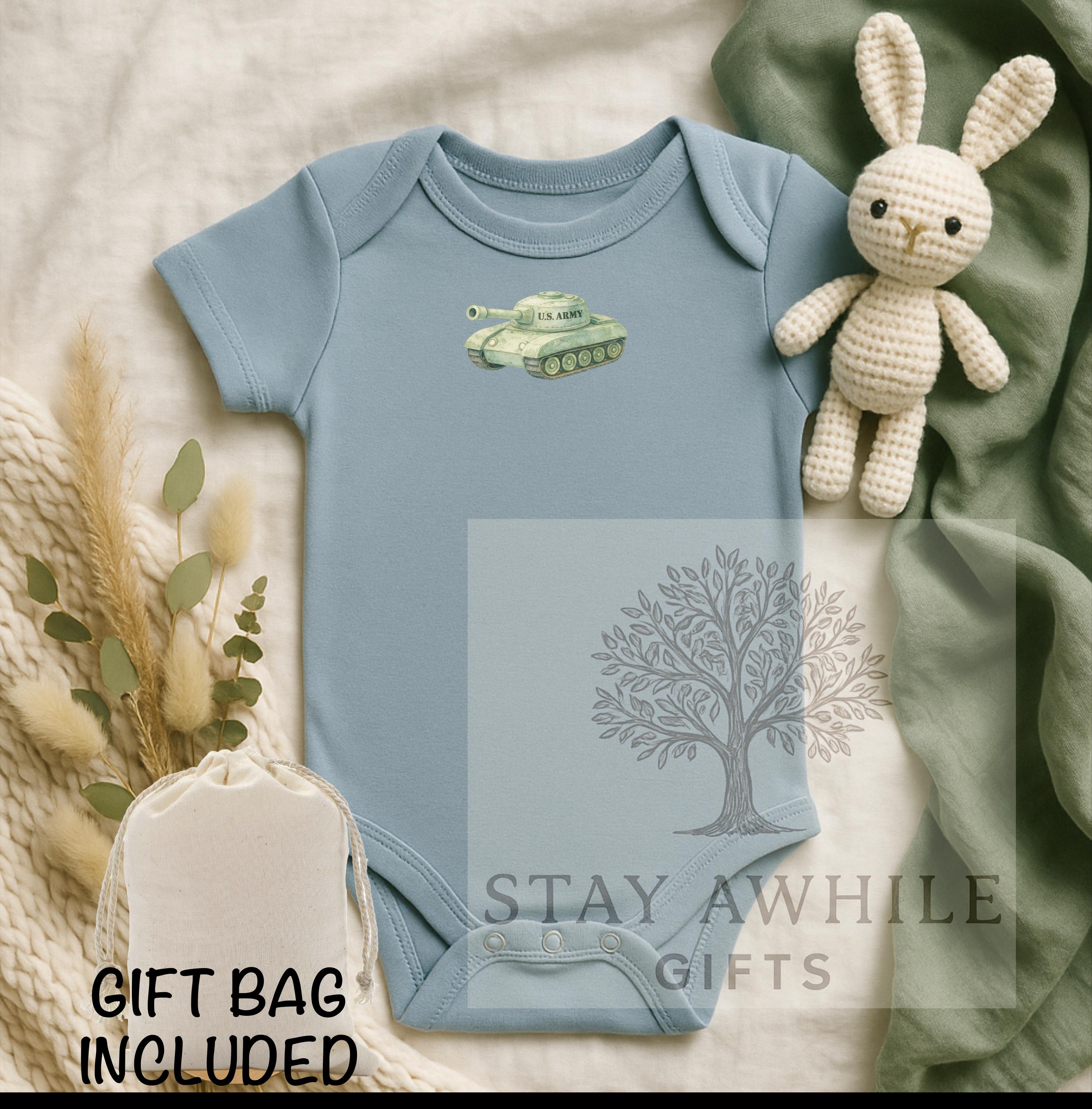 US Army Baby Tank Onesie - Cotton Bodysuit, Military Family Gift, Personalization Available
