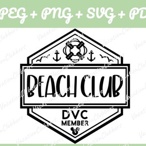 May include: Black and white graphic design of a hexagon with a nautical theme. The text "BEACH CLUB" is in the center of the hexagon. Below the text is "DVC MEMBER" with a Mickey Mouse head icon.
