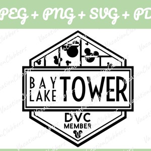 May include: Black and white graphic design of a stylized building with the text "Bay Lake Tower DVC Member" inside a hexagon. The building has a Mickey Mouse silhouette on the roof.