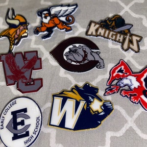 May include: A collection of nine colorful school mascot patches, including a bulldog, a knight, a viking, and several eagles. The patches are made of fabric and have a glossy finish.