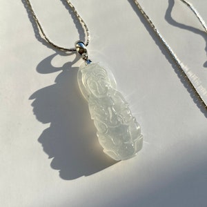 Guan Yin Icy Jadeite Pendant with 18K White Gold Necklace, Genuine Natural Grade A Icy Jadeite, Guan Yin Jade Pendant, Burmese Jadeite Jade