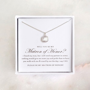 Matron of Honor Proposal - Silver Glass Necklace, Will You Be My Matron of Honor/ Ask Bridesmaid Gift/ Bridesmaid Necklace/ Wedding Jewelry