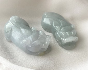 Pair of Jadeite Jade Pixiu, Natural Burmese Jadeite Pendants, Genuine Grade A Jade Carved Pixiu Pendants, Set of 2 Jadeite Pixiu Pendants