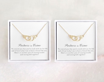Partners in Crime - Set of 2 Gold Handcuff Necklaces, Best Friends/ Roommates/ Sisters/ Family/ Friendship/ Bff Partners in Crime Necklaces