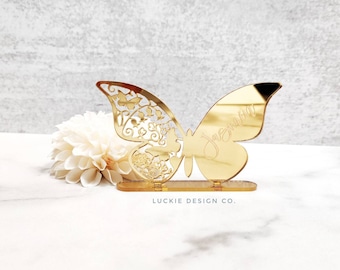 Laser Cut Butterfly Engraved Name Placement Stands - Acrylic Name Cut Out - Name Cards - Name Plates - Wedding Place Cards - Table Decor