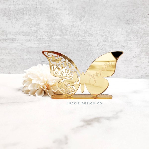 Laser Cut Butterfly Engraved Name Placement Stands - Acrylic Name Cut Out - Name Cards - Name Plates - Wedding Place Cards - Table Decor