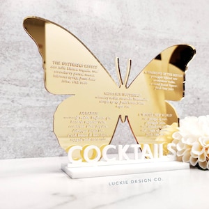 Schmetterling Acryl Bar Menü - Acryl Laser Cut Laser Gravur - Hochzeitsschild - Getränkekarte - Barschild - Signature Drink Schild - Gold Schmetterling