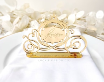 Whimsical Cinderella Carriage Laser Cut Engraved Name Tags - Acrylic Name Cut Out - Party Name Cards - Quinceanera Favors - Birthday Favors