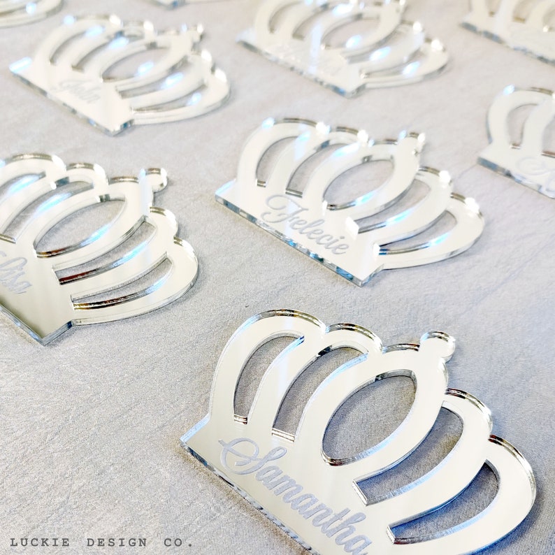Laser Cut Engraved Crown Name Tags Tiara Names Acrylic Etsy