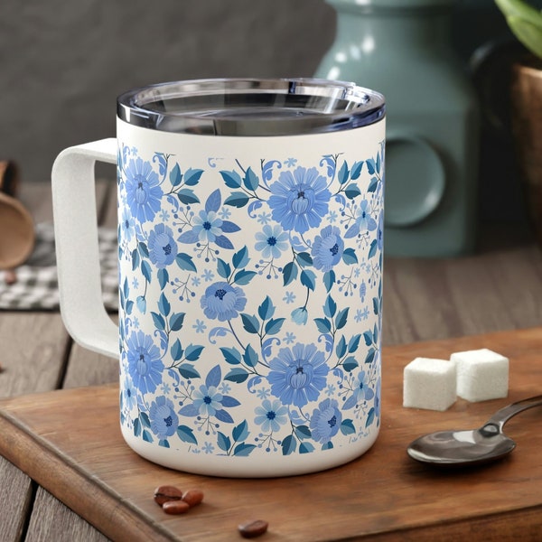 Tasse à café florale isolée, 10 oz, tasse de voyage avec poignée et couvercle, gobelet résistant aux déversements, tasse en acier inoxydable, isolation à double paroi