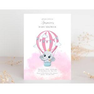 Balão de ar quente, convite para chá de bebê com elefante, modelo de convite para chá de bebê digital editável, personalizável, elefante