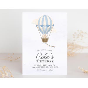 Convite de aniversário de balão de ar quente, convite de aniversário, modelo de convite de aniversário digital editável, personalizável, convite de aniversário infantil,