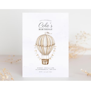 Convite de aniversário de balão de ar quente, modelo de convite de aniversário digital editável, personalizável, convite de aniversário infantil