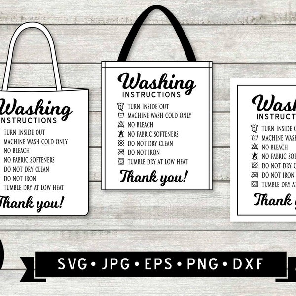 Tote Tasche Pflege Karte svg (3 Designs), Waschanleitung SVG, größenverstellbar Tote Bag Instruktion SVG, Tote Bag Karte SVG, Wäsche Symbole, Cricut