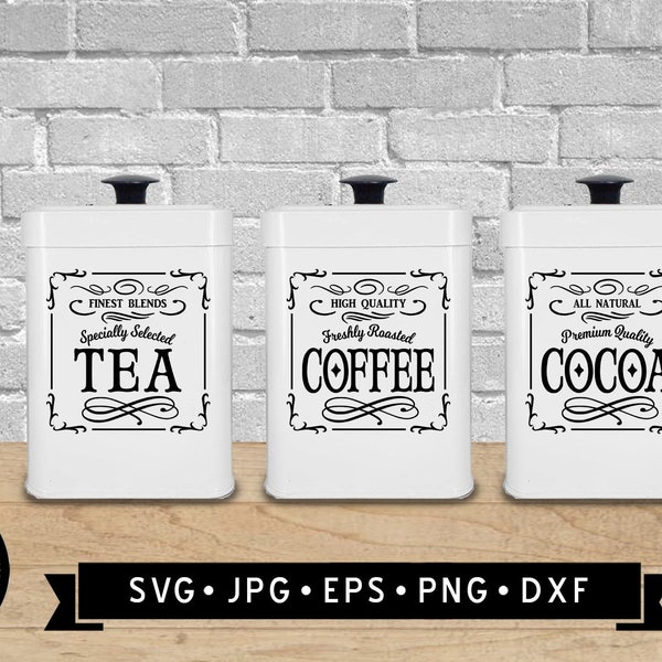 Koffie, Thee, Coca SVG voor jerrycans, Dranketiketten, Vintage Boerderij SVG, Sticker, Pantry Labels, Keuken Bussen Sticker Labels, SVG, Cricut