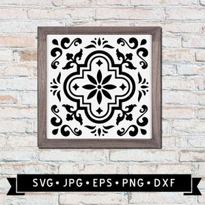 May include: Black and white tile design with a floral pattern in a wooden frame. The design is reminiscent of traditional Spanish or Mexican tiles.