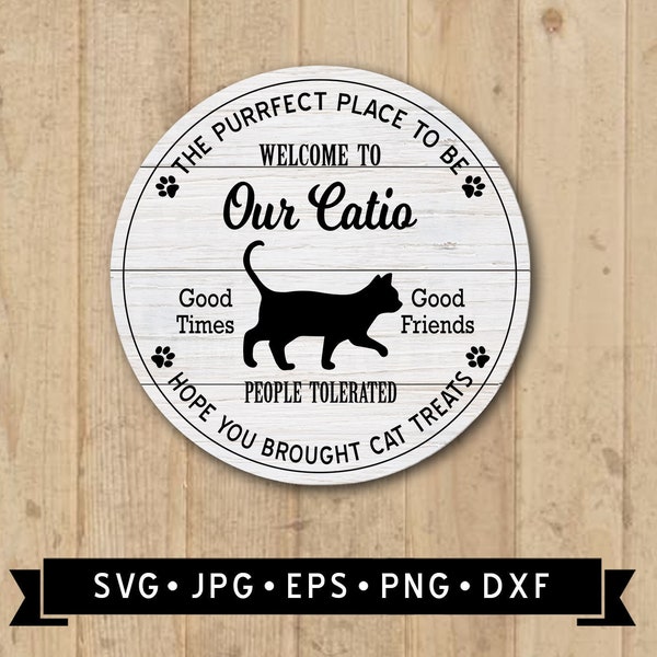 Bienvenue dans notre signe Catio SVG, signe Catio rond, personnes tolérées, chat Silhouette SVG, SVG drôle de chat, signe de chat bricolage, Cricut, téléchargement numérique