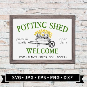 ポッティングシェッドサイン SVG、フラワーガーデンサイン SVG、ウェルカムガーデンサイン、フラワーカート SVG、ビンテージフラワーカートクリップアート、クリカット、デジタルダウンロード