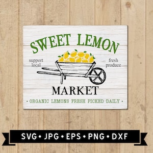 スイートレモンマーケット SVG、地元農家のアートを応援する SVG、ビンテージサイン SVG、農家の新鮮な食材 SVG、木製カート SVG