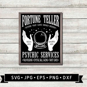 Wahrsagerin Zeichen SVG, Psychic Services SVG, Vintage Halloween Zeichen SVG, Palm lesen, Crystal Ball Grafik, Cricut, digitaler Download