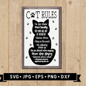 Funny Cat Rules SVG, Funny Pet Sign svg, Cat Silhouette, Paws Graphic, Cricut File, Digital Download