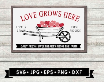 Love Grows Here Sign SVG, Daily Fresh Sweethearts, Valentine's Day Sign, Trolley Silhouette, Heart Graphic, Cricut File, Digital Download