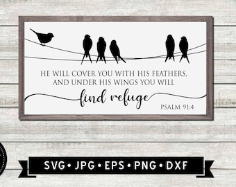Él te cubrirá con sus plumas Signo SVG, Arte de pared bíblico svg, Versículos bíblicos SVG, Versículos bíblicos diy, Signo religioso SVG, Cricut, Digital