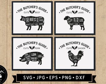 Butcher's Guide SVG (4 Designs), Cuts of Meat Chart Sign SVG, Farmhouse Kitchen Wall Art svg, Vintage Restaurant Sign svg, Digital Download