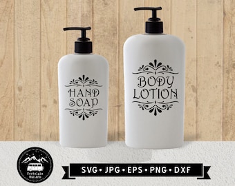 May include: Two white ceramic pump bottles with black labels and decorative flourishes. The larger bottle says "Body Lotion" and the smaller bottle says "Hand Soap".