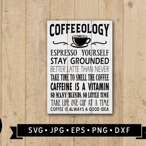 May include: A white wooden sign with black text that reads "COFFEEOLOGY" and includes several coffee-themed sayings, such as "Espresso Yourself", "Stay Grounded", and "Caffeine is a Vitamin".