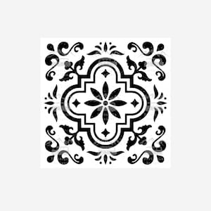 May include: Black and white tile design featuring a floral pattern. The tile is square shaped and has a central flower with four petals. The design is symmetrical and includes intricate details.