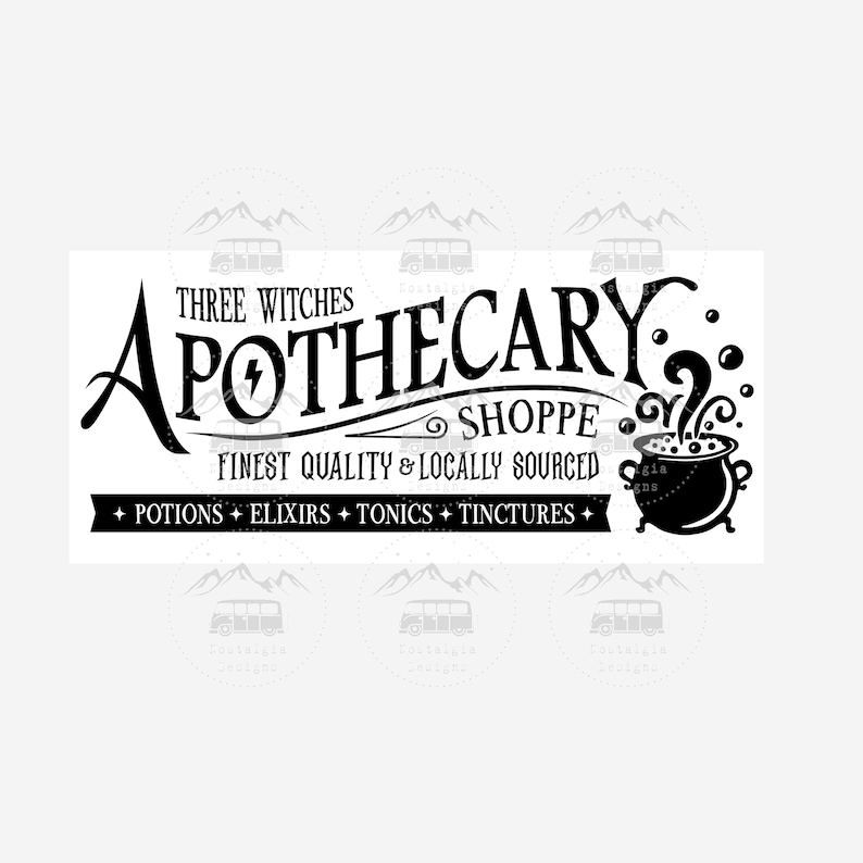 May include: Black and white logo for a shop called "Three Witches Apothecary Shoppe". The logo features a cauldron with steam rising from it and the text "Finest Quality & Locally Sourced". Below the text is a banner with the words "Potions, Elixirs, Tonics, Tinctures".