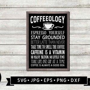 May include: A black and white sign with the text "COFFEEOLOGY" and a coffee cup graphic. The sign also includes the text "Espresso yourself, Stay Grounded, Better latte than never, Take time to smell the coffee, Caffeine is a vitamin, So many blends, so little time, Take life one cup at a time, Coffee is always a good idea".