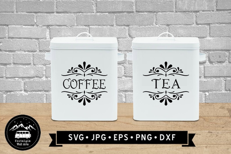 May include: Two white canisters with black lettering and decorative flourishes. The canisters are labelled "Coffee" and "Tea".