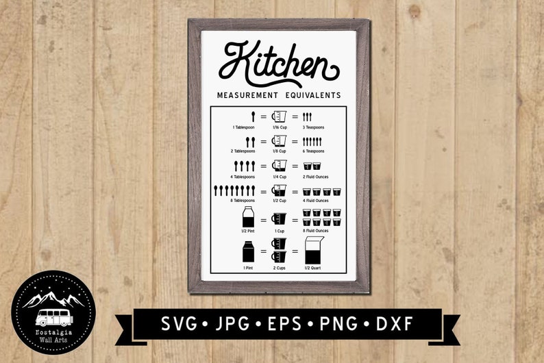 Puede incluir: Un gr&aacute;fico de cocina imprimible en blanco y negro con el t&iacute;tulo "Kitchen Measurement Equivalents". El gr&aacute;fico muestra los equivalentes de cucharadas, cucharaditas, tazas, pintas, cuartos y onzas l&iacute;quidas.