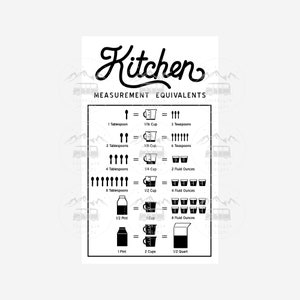 Puede incluir: Gr&aacute;fico de conversi&oacute;n de medidas de cocina en blanco y negro con el texto "Kitchen Measurement Equivalents". El gr&aacute;fico muestra las medidas equivalentes para cucharadas, cucharaditas, tazas, pintas, cuartos y onzas l&iacute;quidas.